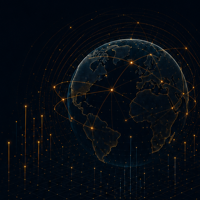 Dotted globe with a network of global trade connections