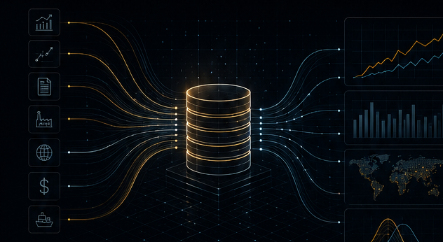 Diverse input sources flow into a central database and out to forecasts, charts, world maps and distributions