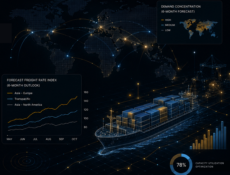 Container ship, global trade routes and freight rate forecast visualization