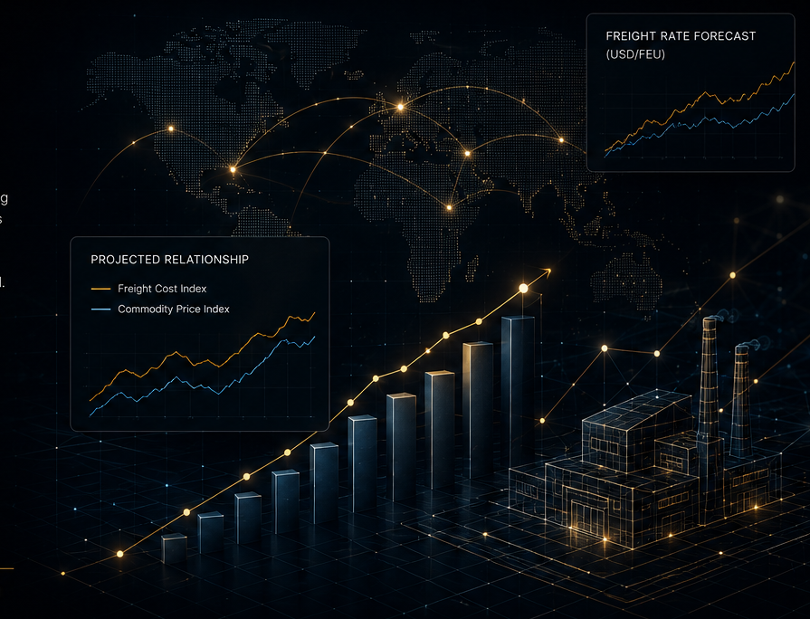 Rising freight-cost forecast, factory and global trade routes visualization