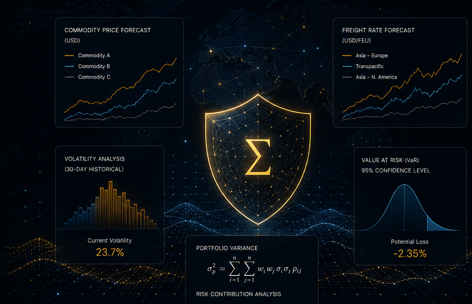 Risk analytics dashboard: commodity price forecast, freight rate forecast, volatility and exposure metrics